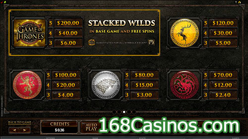 Game of Thrones 15 Lines Online Slot - Pay Table