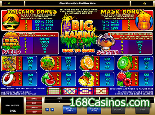 Big Kahuna Slot Pay Table