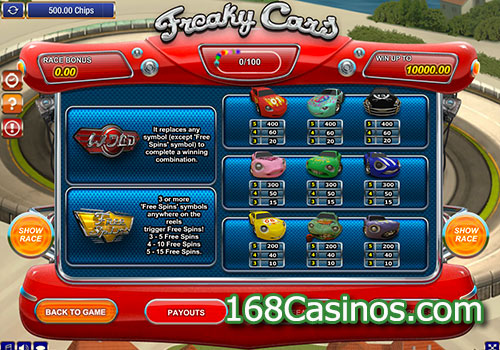 Freaky Cars Slot Paytable