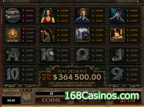 Immortal Romance Video Slot Paytable