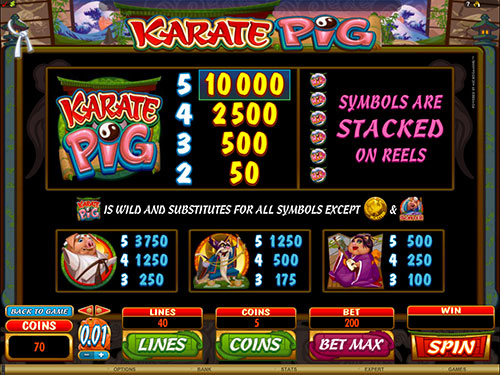 Karate Pig Video Slot Paytable