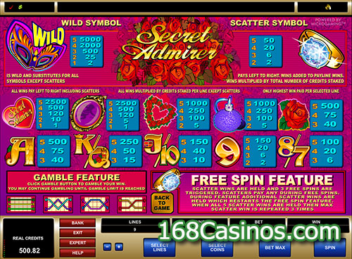 Secret Admirer Video Slot Paytable