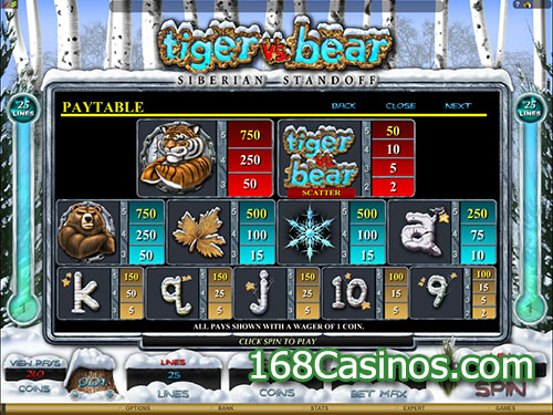 Tiger vs Bear Slot Paytable