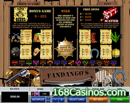 Fandango's 3 Lines Slot Paytable