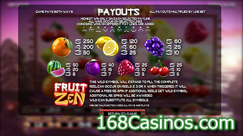 Fruit Zen Slot Paytable